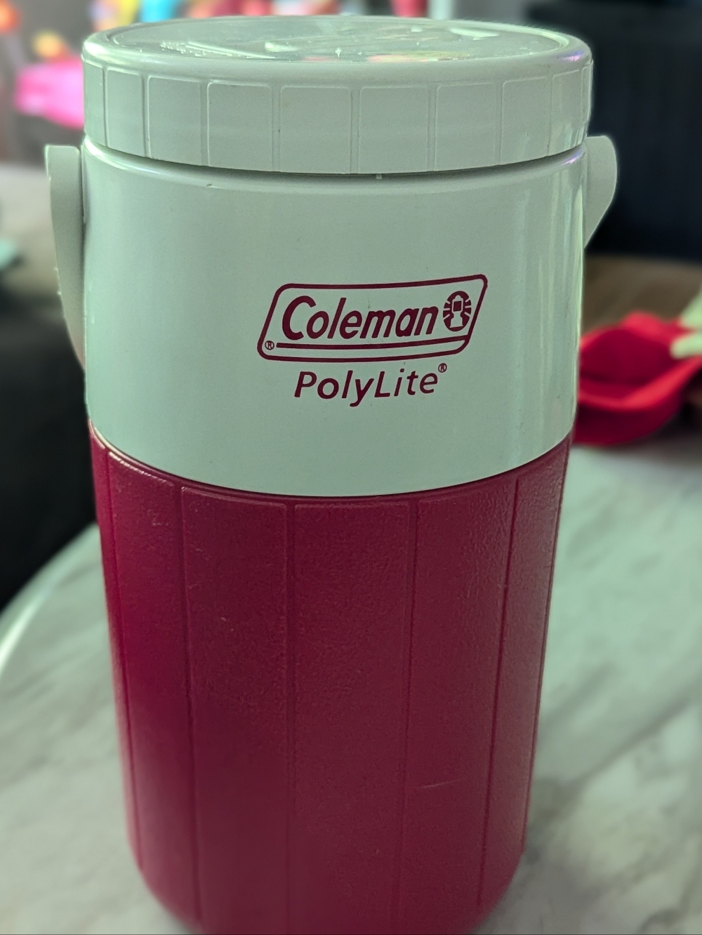 Coleman Red White Insulated Water Jug Cooler Drink Dispenser Handle Lid Vintage